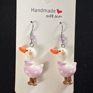 Handmade Lavender Duck Drop Earrings with Orange Beaks